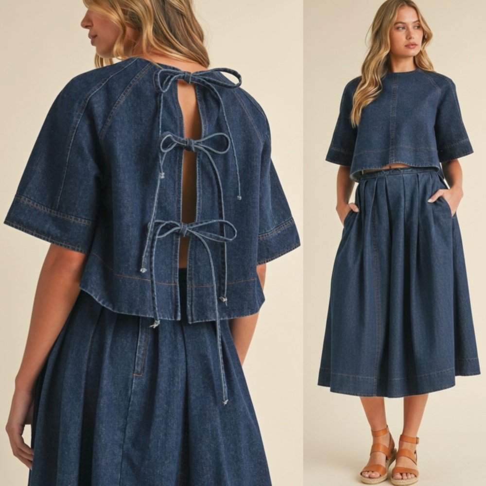 KLESIS Dalia Denim Tie Back Top Indigo Blue Open Back Size Small